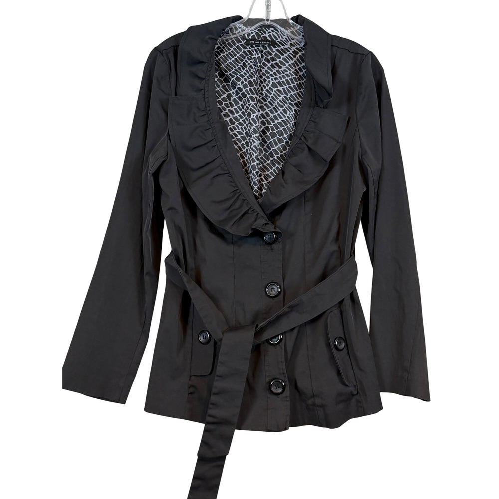 Courtenay Womens Black Ruffle Collar Belted Jacket Animal Print Lining Pics 4 Sz